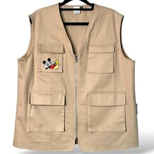 DISNEY x PRETTYLITTLETHING 100% Cotton Khaki Jacket / Vest Front Zip Cargo Sz 6